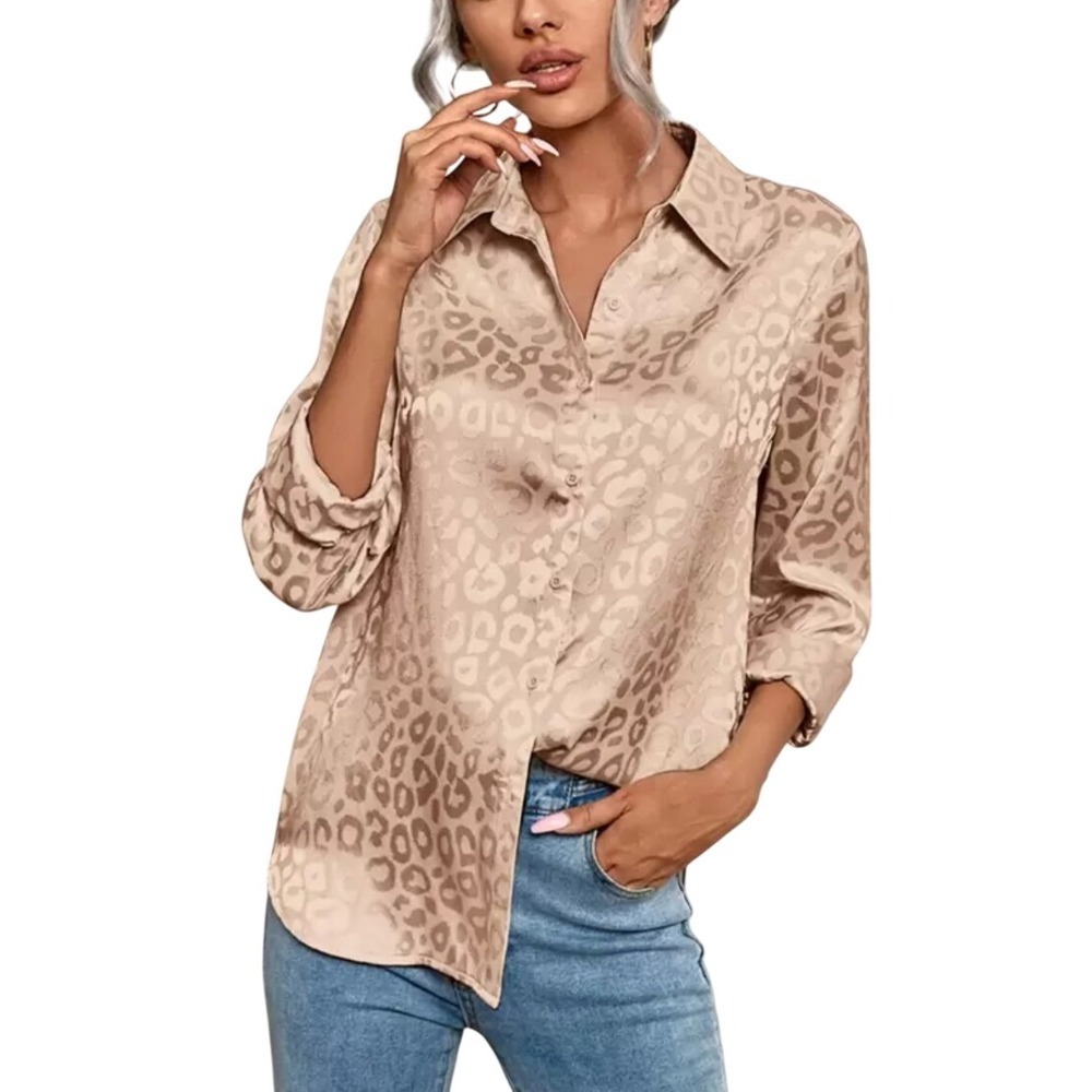 SHEIN Leopard Print Satin Button Up Shirt Women Size M Beige Long Sleeve